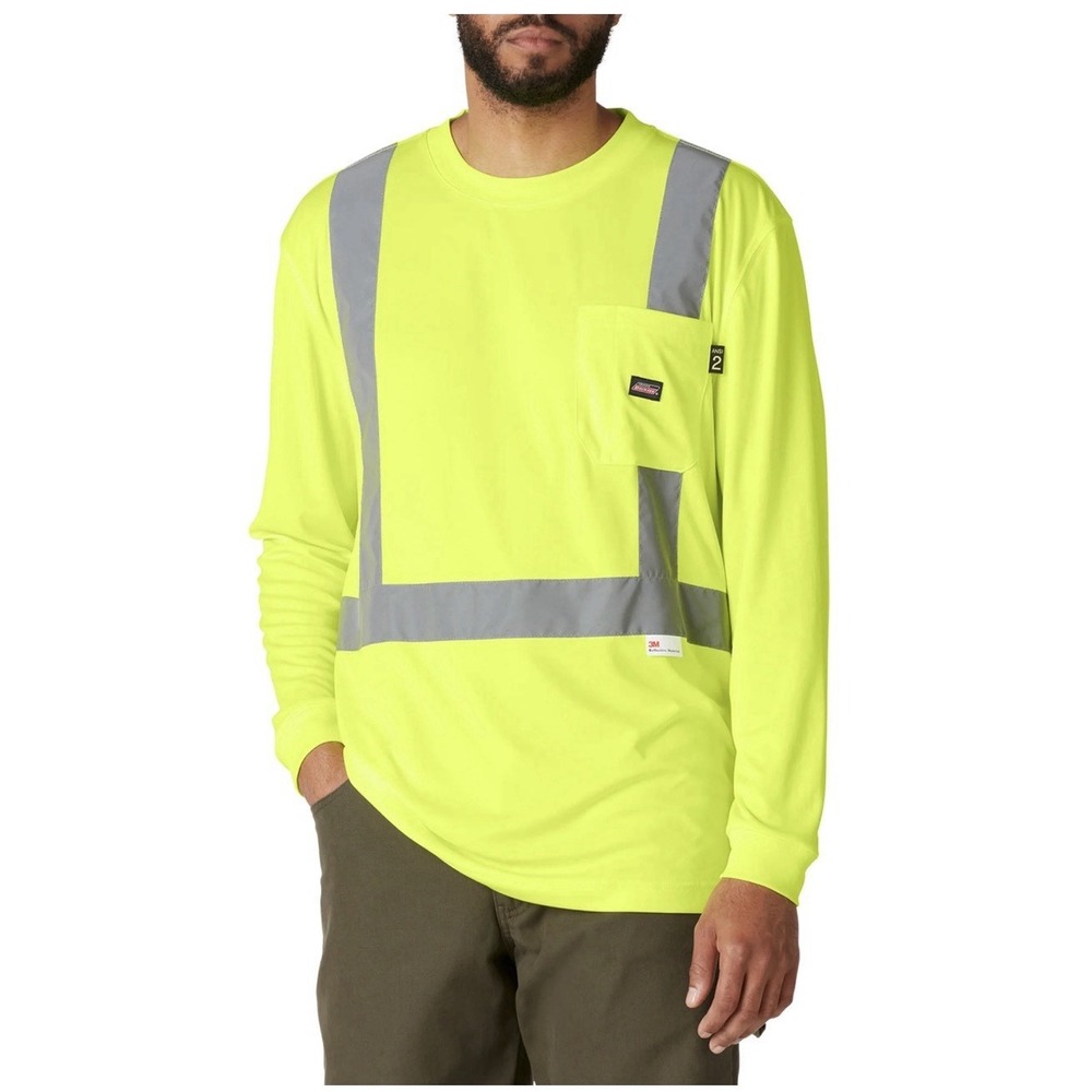 Dickies Mens Neon Hi-Vis Workwear Long Sleeve Safety Shirt Sz XL 3M Scotchlite